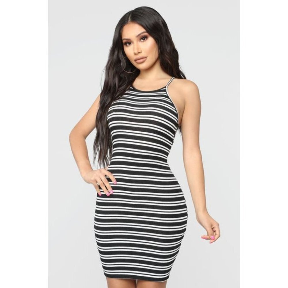 NWT Fashion Nova Black/White High Neck Janessa Striped Tank Bodycon Dress S